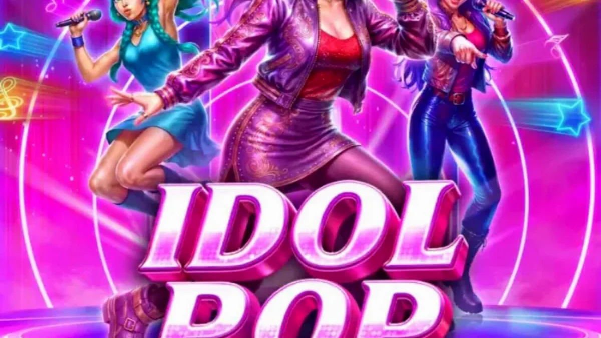 Tela de jogo do slot Idol Pop Fever com luzes neon e ídolos pop